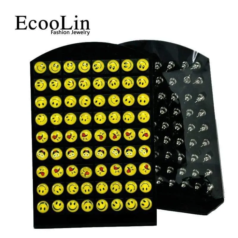 72Pcs Eine Karte Neue Degin IOS Gesicht Harz Edelstahl Ohrstecker Smiley Stil Großhandelsmasse Verlost LB083