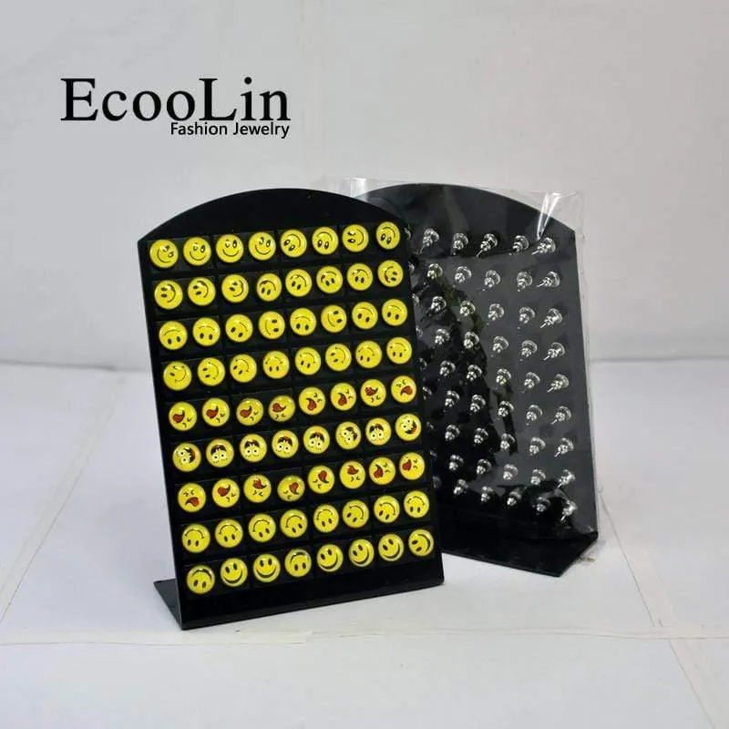 72Pcs Eine Karte Neue Degin IOS Gesicht Harz Edelstahl Ohrstecker Smiley Stil Großhandelsmasse Verlost LB083