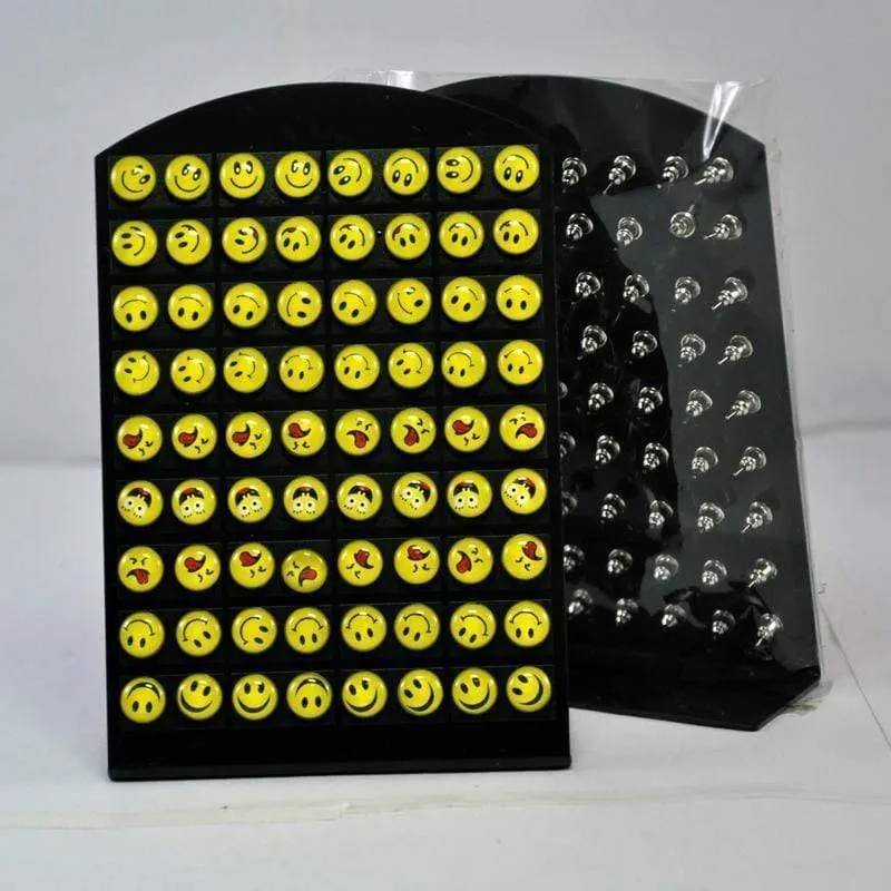72Pcs Eine Karte Neue Degin IOS Gesicht Harz Edelstahl Ohrstecker Smiley Stil Großhandelsmasse Verlost LB083