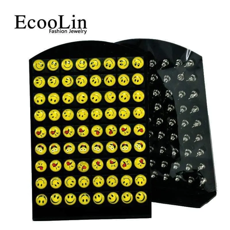 72Pcs Eine Karte Neue Degin IOS Gesicht Harz Edelstahl Ohrstecker Smiley Stil Großhandelsmasse Verlost LB083