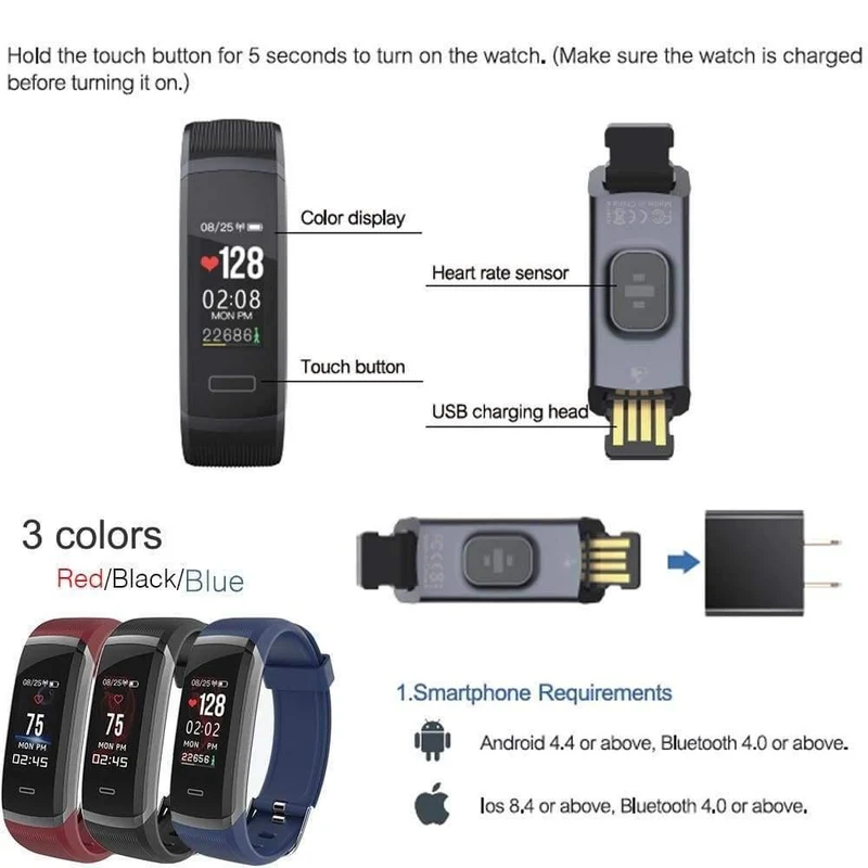 Smartwatch GT101, wasserdicht, Farbbildschirm, Fitness-Tracker, Herzfrequenzmesser, Anruferinnerung, Smartwatch für Männer und Frauen