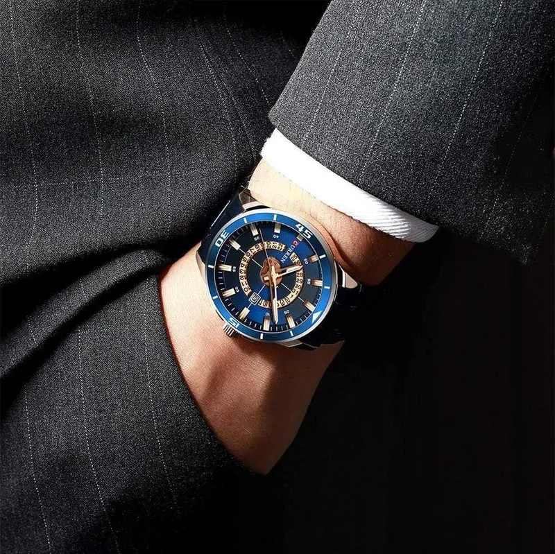 Herrenuhr, blaues Zifferblatt, Edelstahl, wasserdicht, Herrenuhren, Luxus-Business-Analog-Quarz-Herrenuhren, modisch