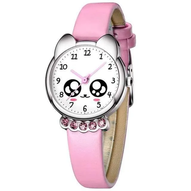 Mädchen-Uhr scherzt Bling nette Augen-Diamant-wasserdichte Armbanduhr des echten Leders reizendes Kind-Kinder passt Studenten-Uhr auf