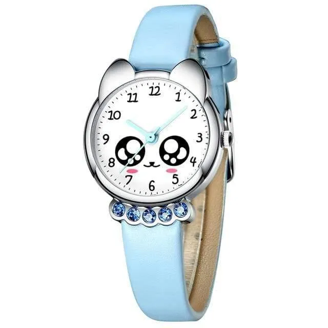 Mädchen-Uhr scherzt Bling nette Augen-Diamant-wasserdichte Armbanduhr des echten Leders reizendes Kind-Kinder passt Studenten-Uhr auf