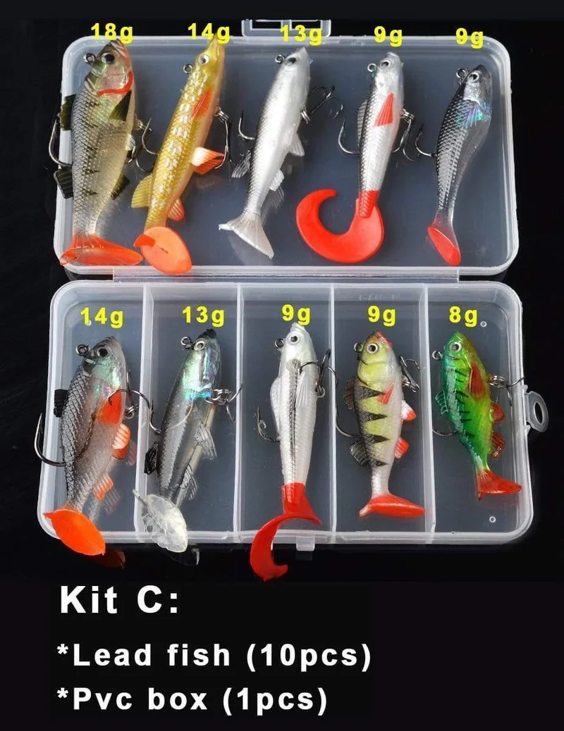 Weicher Köder-Kit-Set 18 g 14 g 13 g 9 g 8 g Wobbler Künstlicher Köder Silikon Angelköder Wolfsbarsch Karpfenangeln Bleifisch-Jig