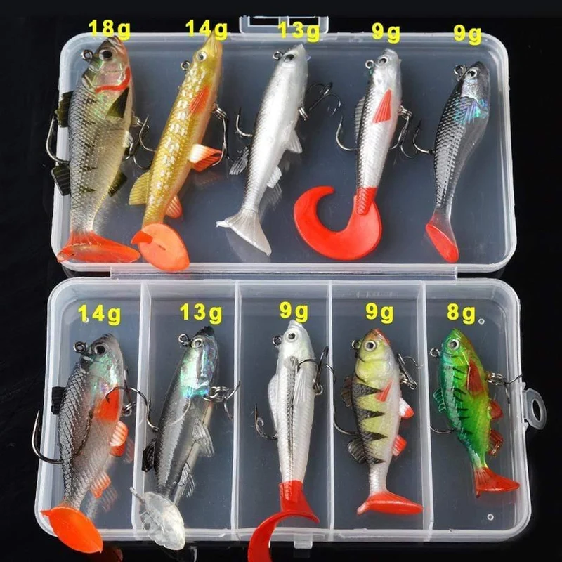 Weicher Köder-Kit-Set 18 g 14 g 13 g 9 g 8 g Wobbler Künstlicher Köder Silikon Angelköder Wolfsbarsch Karpfenangeln Bleifisch-Jig