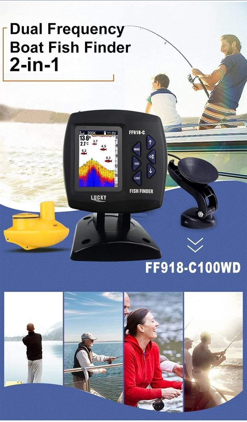 Kabelgebundener und kabelloser 2-in-1-Bootsfischfinder Zweifrequenz-328ft / 100m-Echolot 3.5 "FARB-LCD-Fischfinder