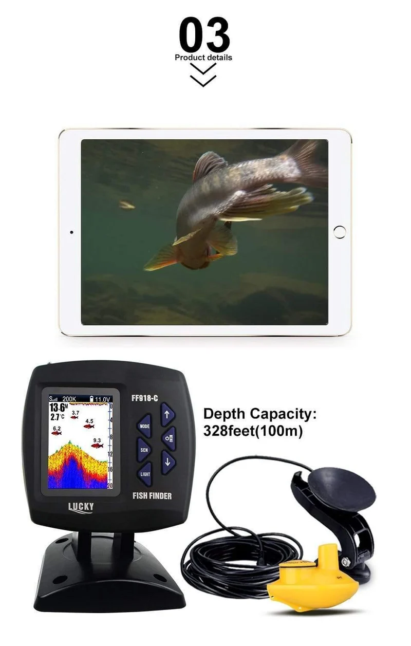 Kabelgebundener und kabelloser 2-in-1-Bootsfischfinder Zweifrequenz-328ft / 100m-Echolot 3.5 "FARB-LCD-Fischfinder