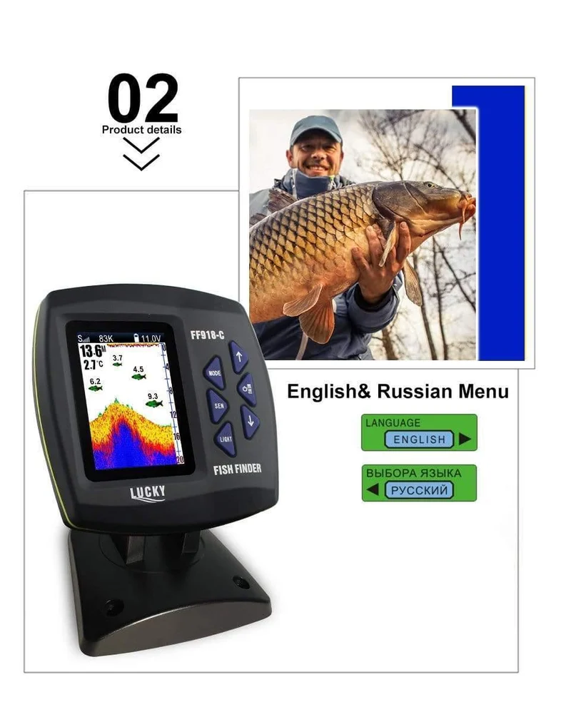 Kabelgebundener und kabelloser 2-in-1-Bootsfischfinder Zweifrequenz-328ft / 100m-Echolot 3.5 "FARB-LCD-Fischfinder