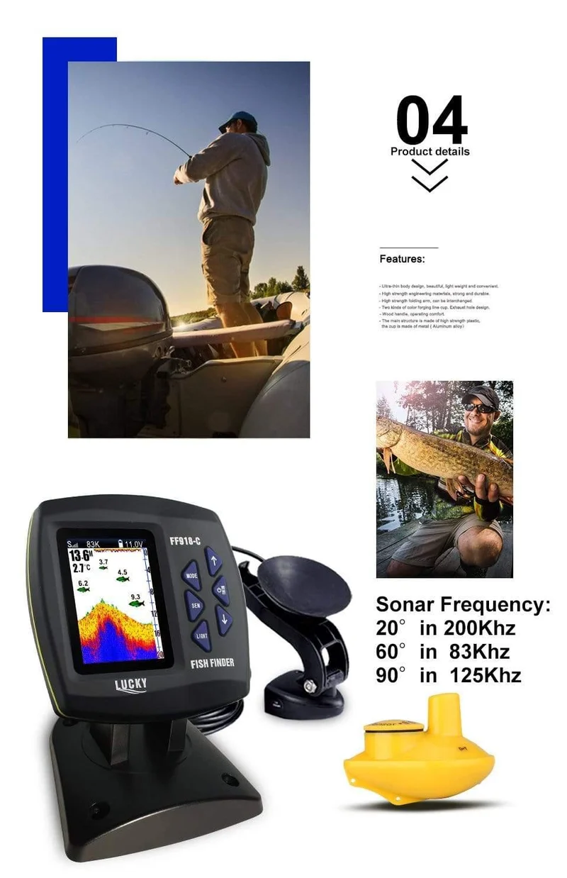 Kabelgebundener und kabelloser 2-in-1-Bootsfischfinder Zweifrequenz-328ft / 100m-Echolot 3.5 "FARB-LCD-Fischfinder