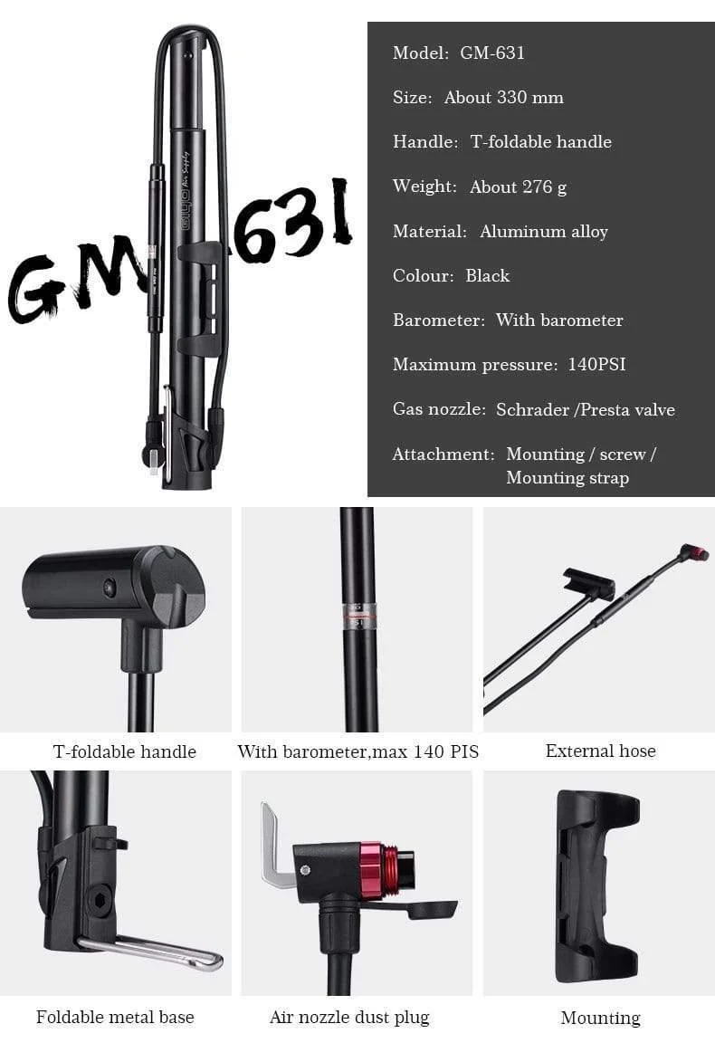 Fahrradpumpe, 140 PSI, MTB, faltbar, für Fahrradball, Aluminiumlegierung, tragbare Bodenluftpumpe, Presta-/Schrader-Ventil