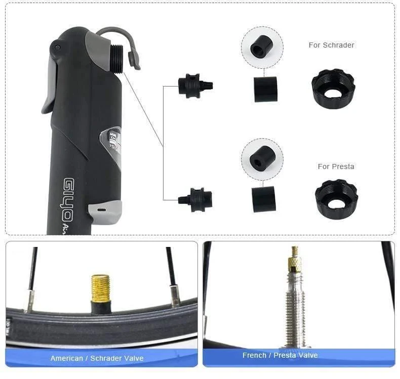 GP-61S Teleskop-Fahrradpumpe mit Inline-Messgerät, passend für Schrader, Presta, Radfahren, MTB-Ball, tragbarer Mini-Luftfüller in der Tasche