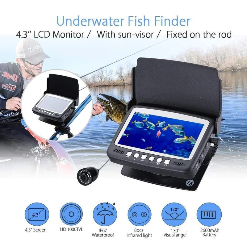 Original 15M 1000TVL Fischfinder Unterwasser-Eisfischen-Kamera 4.3-Zoll-LCD-Monitor 8-teiliges LED-Nachtsichtkamera zum Angeln