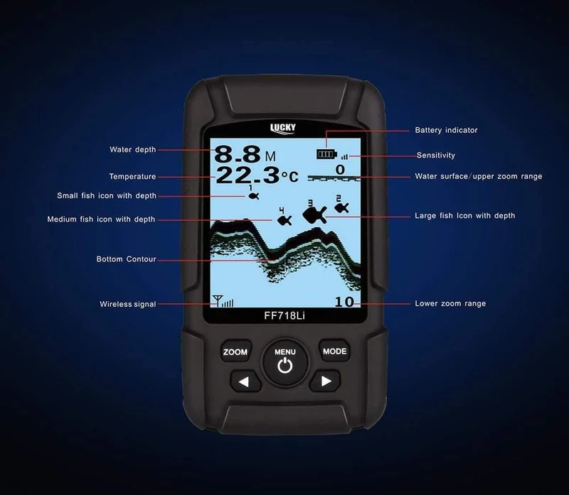 Portabler Fischfinder Wireless 180m 90 Grad Sonar Fishfinder mehrsprachiger 45m Fischtiefenalarm Echolot