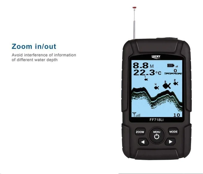 Portabler Fischfinder Wireless 180m 90 Grad Sonar Fishfinder mehrsprachiger 45m Fischtiefenalarm Echolot