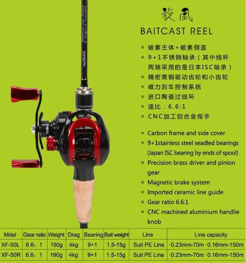 XF-50 Baitcastingrolle 190 g 10BB 6.6: 1 Magnetbremssystem 12.5 g Aluminiumlegierung Leichte Spule Angelköder