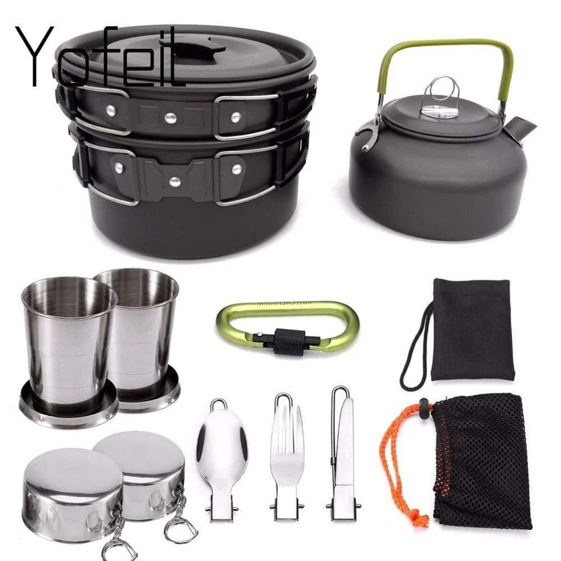 1 Set Outdoor Töpfe Pfannen Camping Kochgeschirr Picknick Kochset Antihaft-Geschirr Mit Faltlöffel Gabel Messer Wasserkocher Tasse