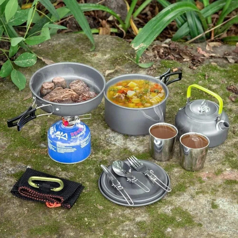 1 Set Outdoor Töpfe Pfannen Camping Kochgeschirr Picknick Kochset Antihaft-Geschirr Mit Faltlöffel Gabel Messer Wasserkocher Tasse