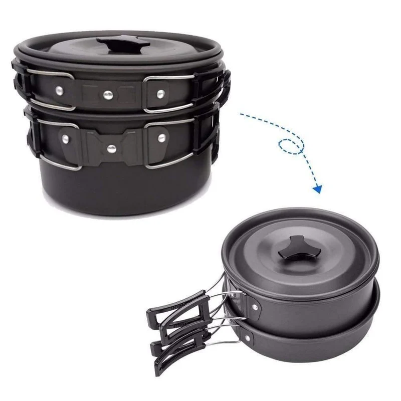 1 Set Outdoor Töpfe Pfannen Camping Kochgeschirr Picknick Kochset Antihaft-Geschirr Mit Faltlöffel Gabel Messer Wasserkocher Tasse