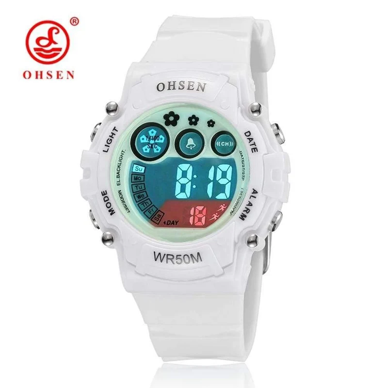 Digitale LCD-Kinder-Mädchen-Mode-Armbanduhr, weißes Silikonarmband, 50 m wasserdicht, Kinder-Jungenuhren, Alarm-Handuhren