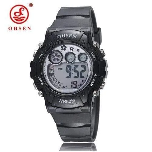 Digitale LCD-Kinder-Mädchen-Mode-Armbanduhr, weißes Silikonarmband, 50 m wasserdicht, Kinder-Jungenuhren, Alarm-Handuhren
