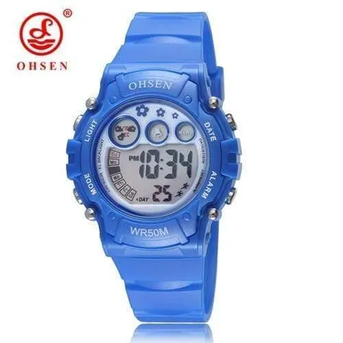 Digitale LCD-Kinder-Mädchen-Mode-Armbanduhr, weißes Silikonarmband, 50 m wasserdicht, Kinder-Jungenuhren, Alarm-Handuhren
