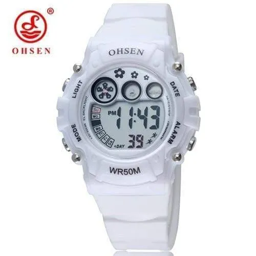 Digitale LCD-Kinder-Mädchen-Mode-Armbanduhr, weißes Silikonarmband, 50 m wasserdicht, Kinder-Jungenuhren, Alarm-Handuhren