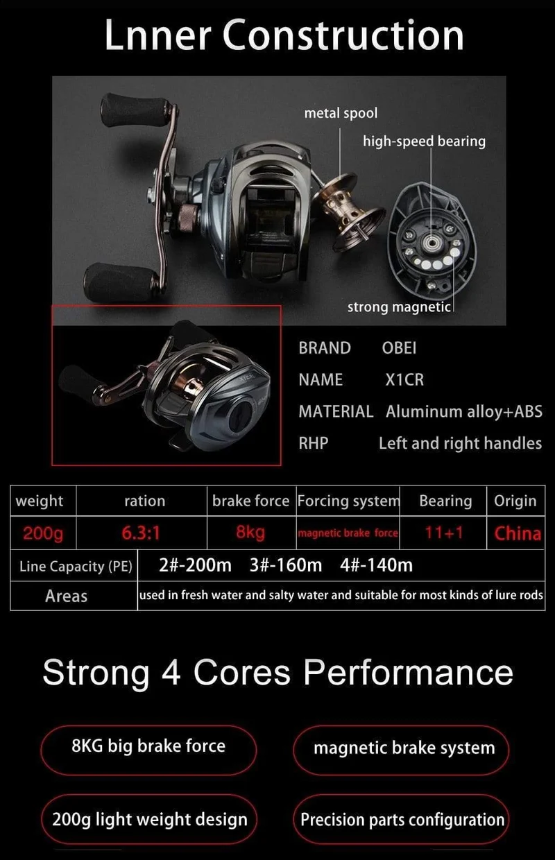 X1 CRL Plus Baitcasting-Rolle mit Doppelbremssystem 8KG Max Drag 11 + 1 BBs 6.3: 1 Hochgeschwindigkeits-Angelrolle