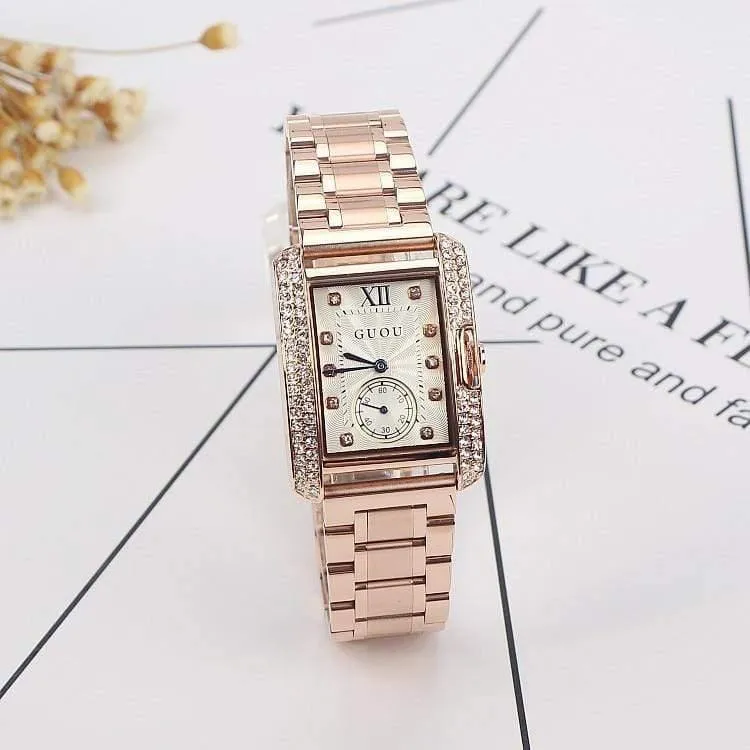Goldstahluhr Retro Fashion Square Diamant Armband Damen Quarz Luxus Frau Geschenk Armbanduhren