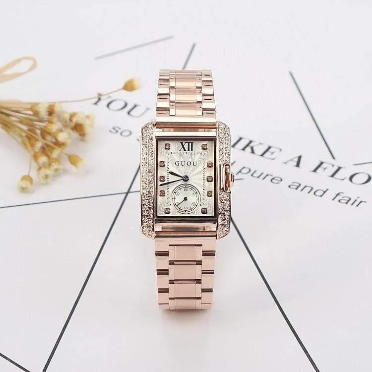 Goldstahluhr Retro Fashion Square Diamant Armband Damen Quarz Luxus Frau Geschenk Armbanduhren