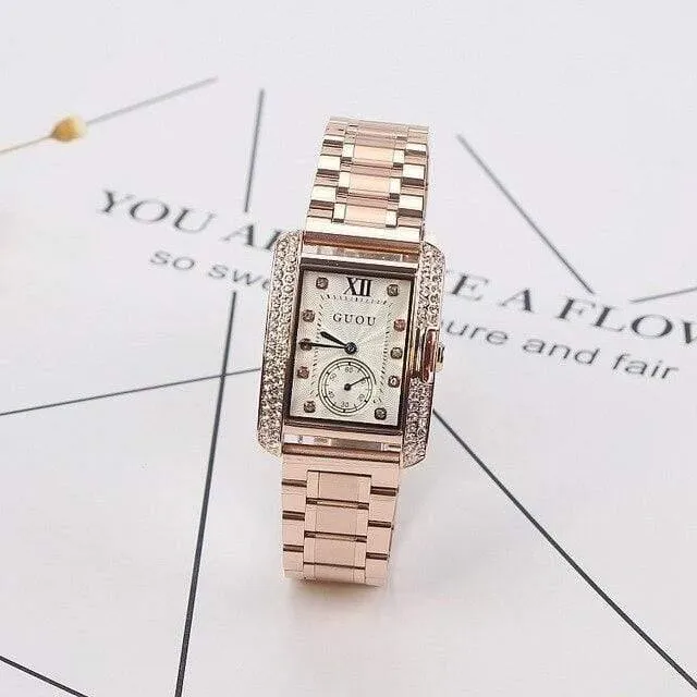 Goldstahluhr Retro Fashion Square Diamant Armband Damen Quarz Luxus Frau Geschenk Armbanduhren