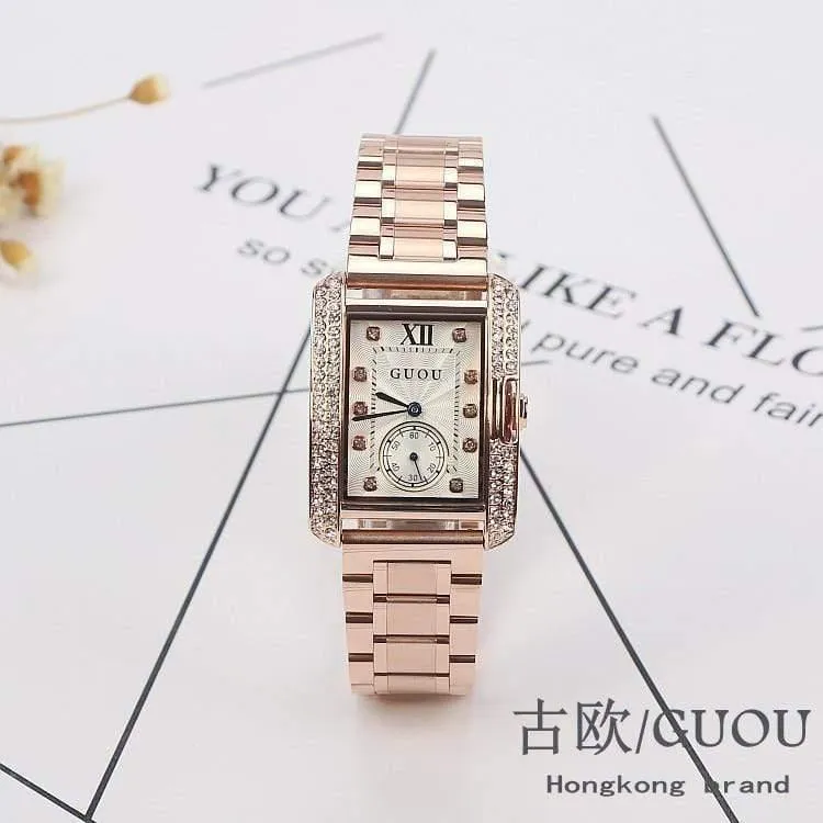 Goldstahluhr Retro Fashion Square Diamant Armband Damen Quarz Luxus Frau Geschenk Armbanduhren