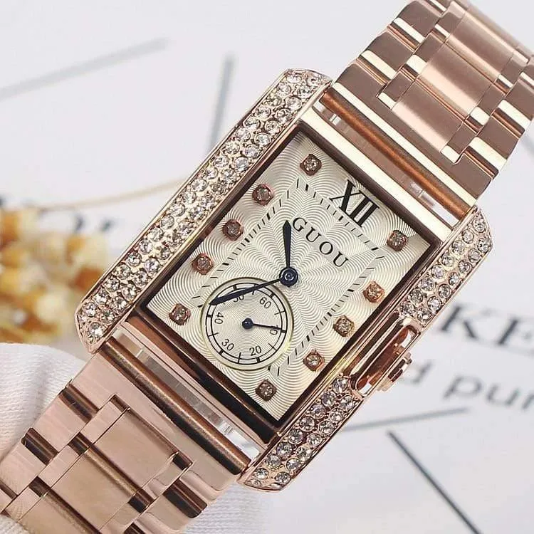 Goldstahluhr Retro Fashion Square Diamant Armband Damen Quarz Luxus Frau Geschenk Armbanduhren