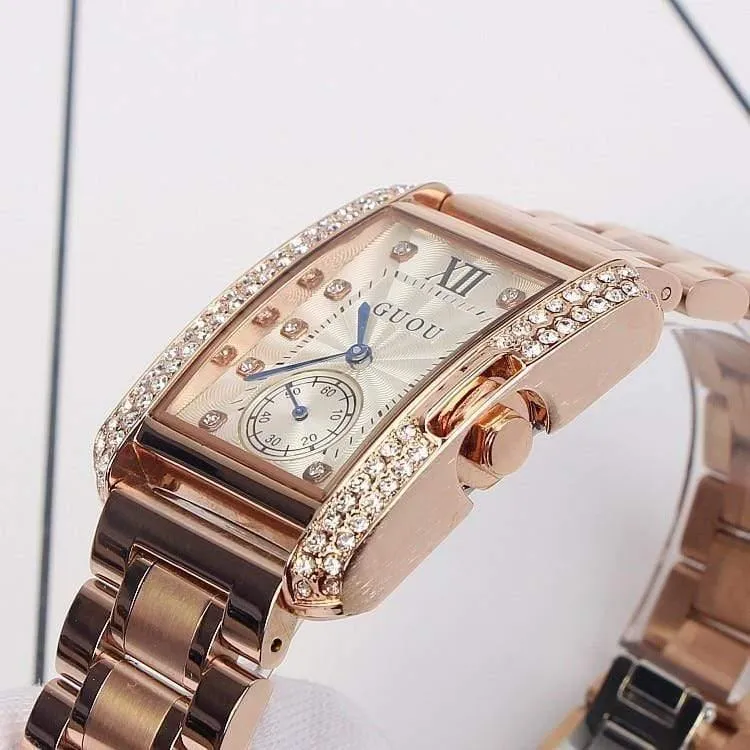 Goldstahluhr Retro Fashion Square Diamant Armband Damen Quarz Luxus Frau Geschenk Armbanduhren