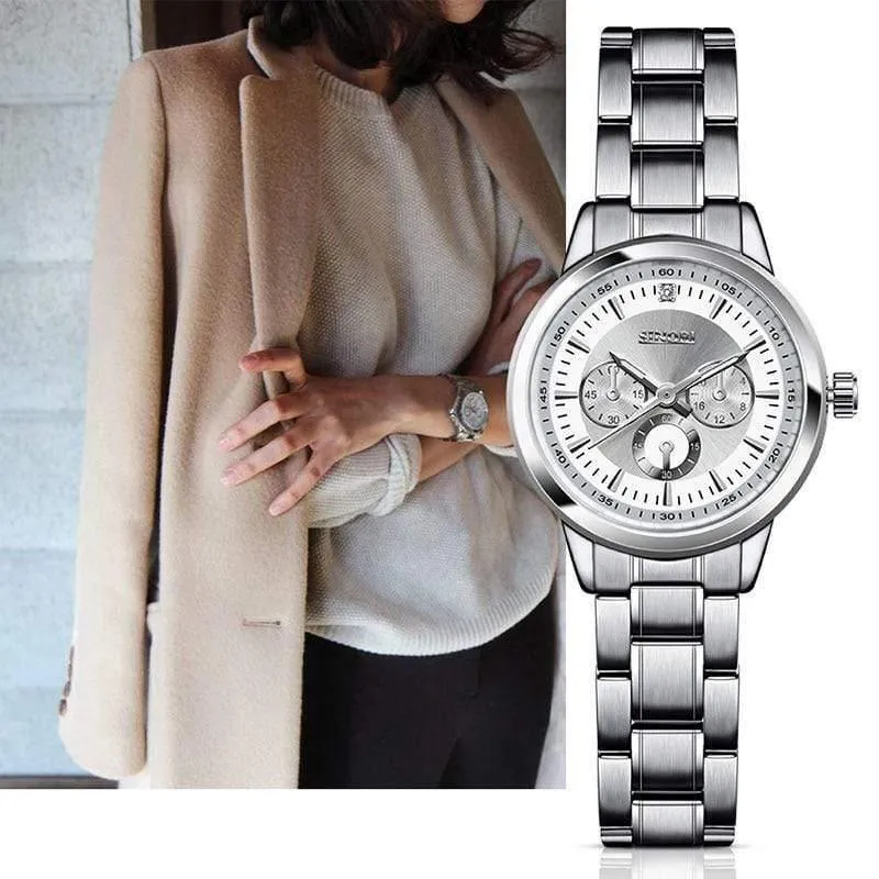 Damenuhr Elegante Marke Berühmte Luxus Silber Quarzuhren Damen Stahl Antike Genf Armbanduhren Relogio Geschenk