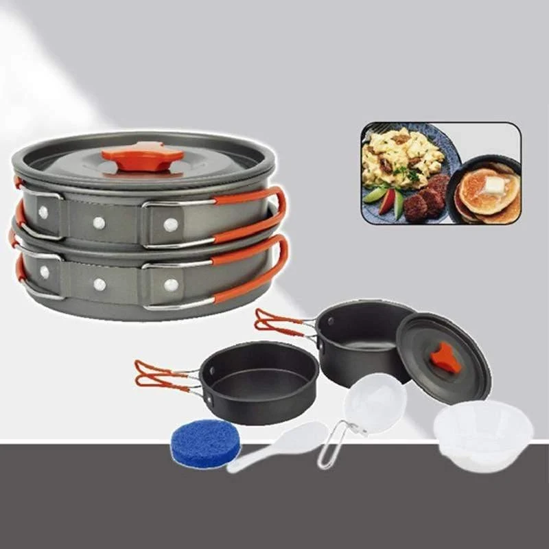 Camping Wandern Antihaft 2x Topf Kochset Schüsseln Camping Tragbarer ummantelter Wasserkocher Kochgeschirr Picknick-Utensilien Werkzeug