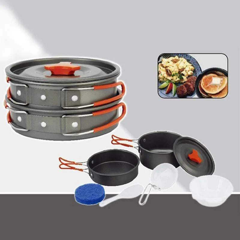 Camping Wandern Antihaft 2x Topf Kochset Schüsseln Camping Tragbarer ummantelter Wasserkocher Kochgeschirr Picknick-Utensilien Werkzeug
