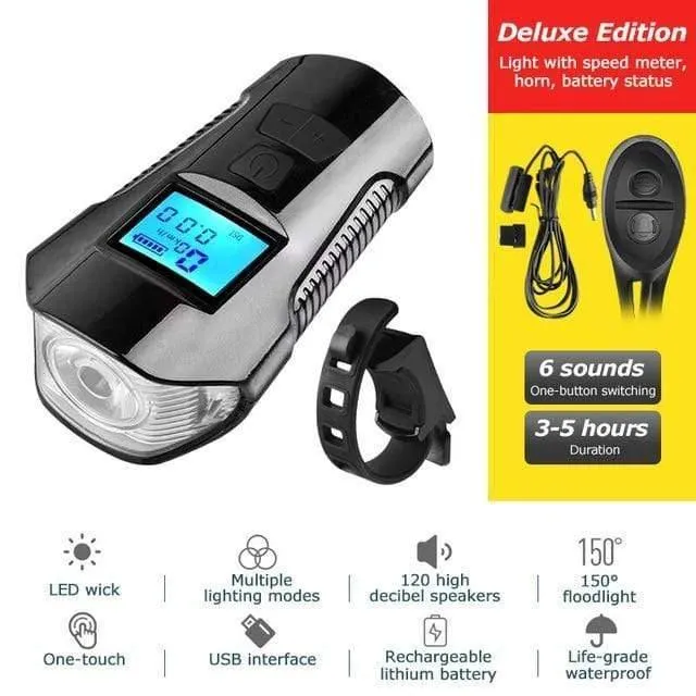 Wasserdichtes Fahrradlicht USB-Lade-Fahrrad-Frontlicht Taschenlampe Lenker Fahrradscheinwerfer mit Hupe Geschwindigkeitsmesser LCD-Bildschirm