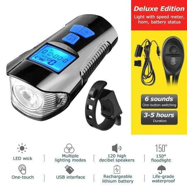 Wasserdichtes Fahrradlicht USB-Lade-Fahrrad-Frontlicht Taschenlampe Lenker Fahrradscheinwerfer mit Hupe Geschwindigkeitsmesser LCD-Bildschirm