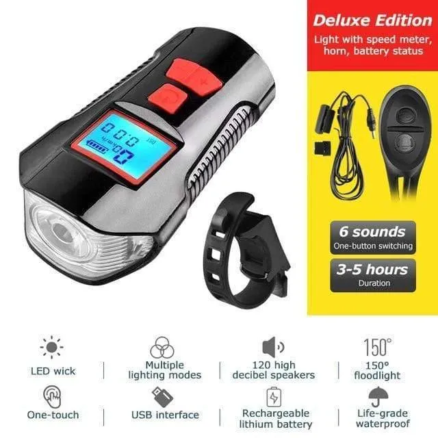 Wasserdichtes Fahrradlicht USB-Lade-Fahrrad-Frontlicht Taschenlampe Lenker Fahrradscheinwerfer mit Hupe Geschwindigkeitsmesser LCD-Bildschirm
