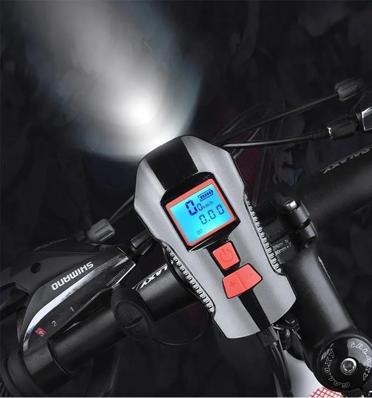 Wasserdichtes Fahrradlicht USB-Lade-Fahrrad-Frontlicht Taschenlampe Lenker Fahrradscheinwerfer mit Hupe Geschwindigkeitsmesser LCD-Bildschirm