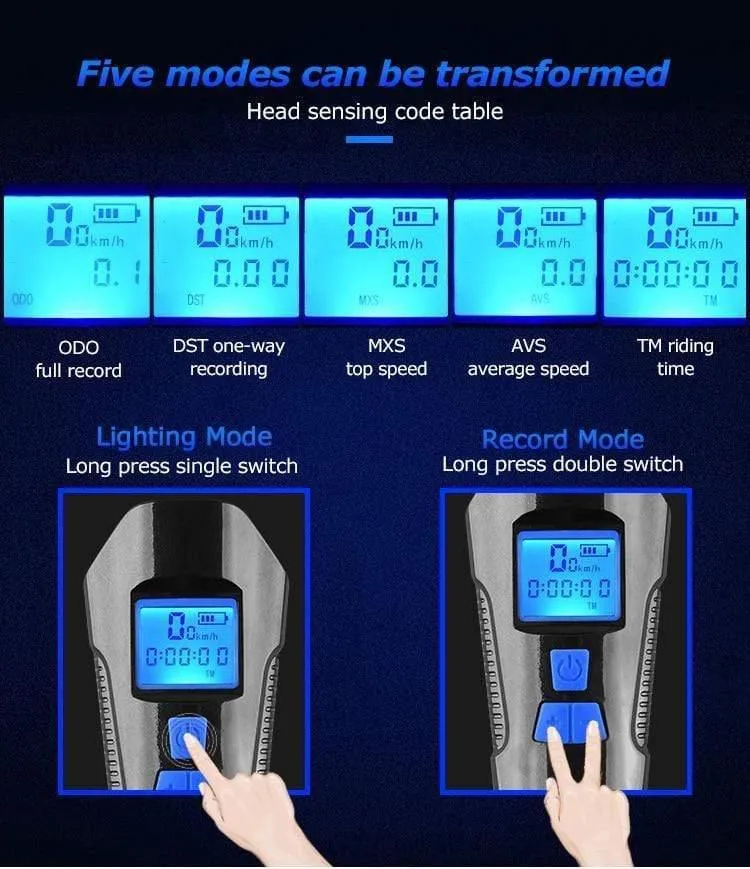 Wasserdichtes Fahrradlicht USB-Lade-Fahrrad-Frontlicht Taschenlampe Lenker Fahrradscheinwerfer mit Hupe Geschwindigkeitsmesser LCD-Bildschirm
