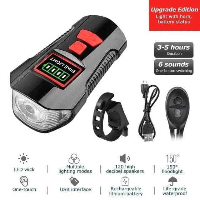 Wasserdichtes Fahrradlicht USB-Lade-Fahrrad-Frontlicht Taschenlampe Lenker Fahrradscheinwerfer mit Hupe Geschwindigkeitsmesser LCD-Bildschirm