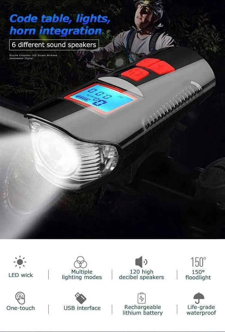 Wasserdichtes Fahrradlicht USB-Lade-Fahrrad-Frontlicht Taschenlampe Lenker Fahrradscheinwerfer mit Hupe Geschwindigkeitsmesser LCD-Bildschirm