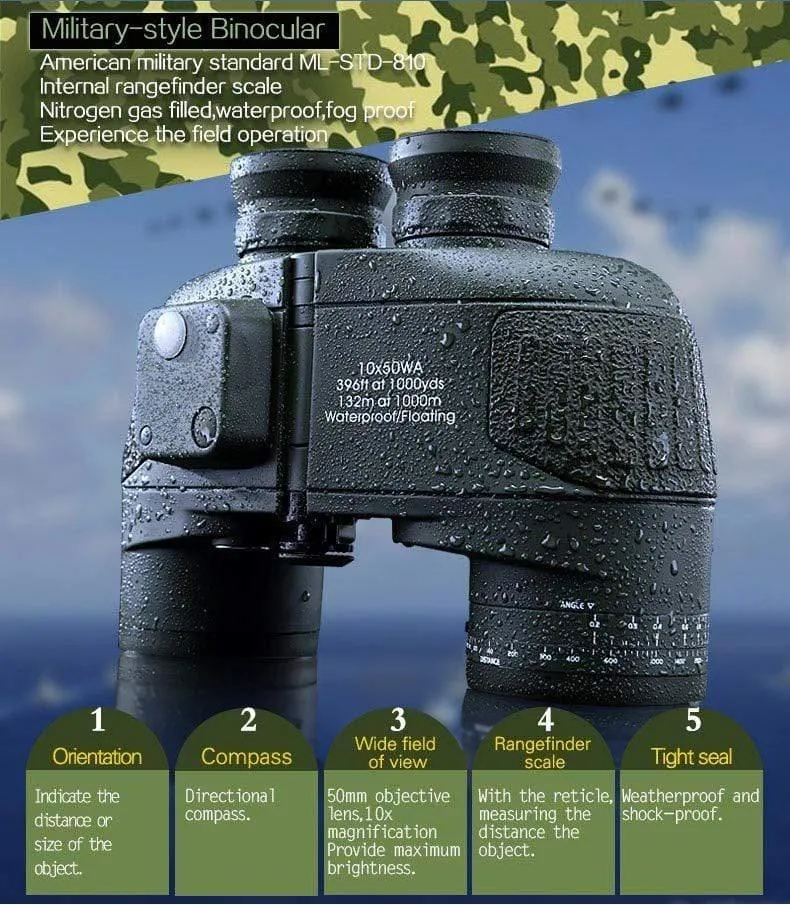 10x50 HD Marine Fernglas Zoom Entfernungsmesser Kompass Teleskop Okular Wasserdicht Stickstoff Armee Grün