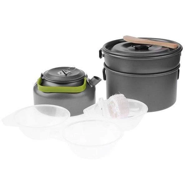 9-in-1-Picknickschüssel-Topf-Pfannen-Set Antihaft-Töpfe Pfannen Schüsseln Tassen Tragbares Aluminiumlegierung-Camping-Wandergeschirr Kochgeschirr Reise