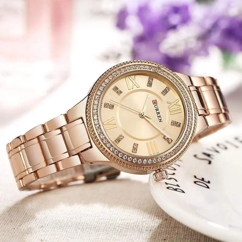 Frauen Casual Uhren wasserdichte Armbanduhr Damenmode Kleid Strass Edelstahl Damen Uhr