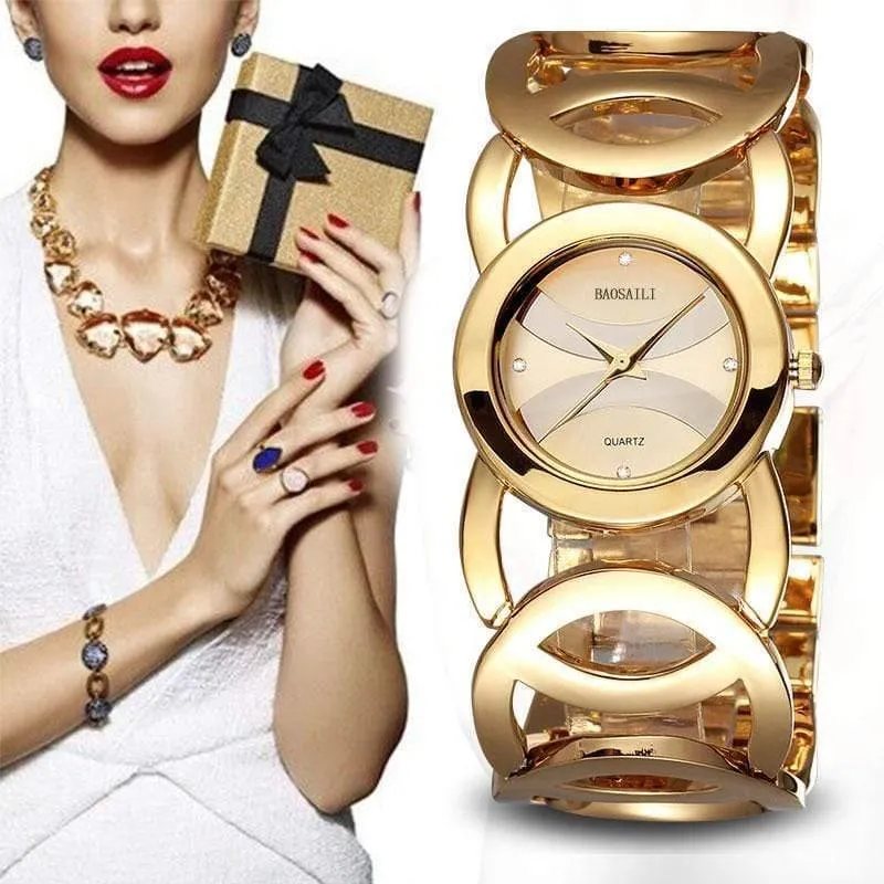 Gold überzogene Kreis-Bügel-Edelstahl-Rückseite, die Frauen-Armband-Uhr-Art- und Weisearmbanduhr shinning ist