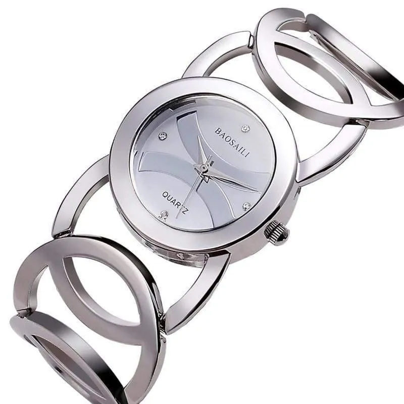 Gold überzogene Kreis-Bügel-Edelstahl-Rückseite, die Frauen-Armband-Uhr-Art- und Weisearmbanduhr shinning ist