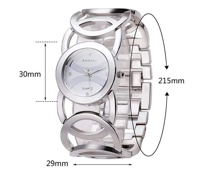 Gold überzogene Kreis-Bügel-Edelstahl-Rückseite, die Frauen-Armband-Uhr-Art- und Weisearmbanduhr shinning ist